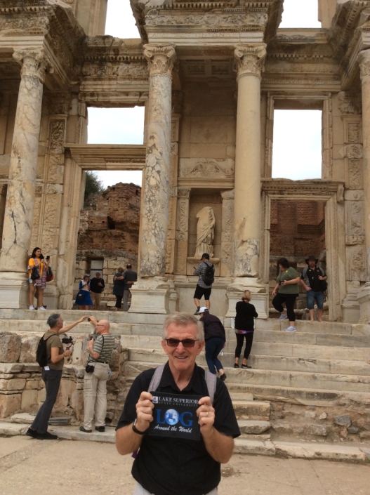 Jim Fallis ’74, getting ready to go into the library in Ephesus, Turkey